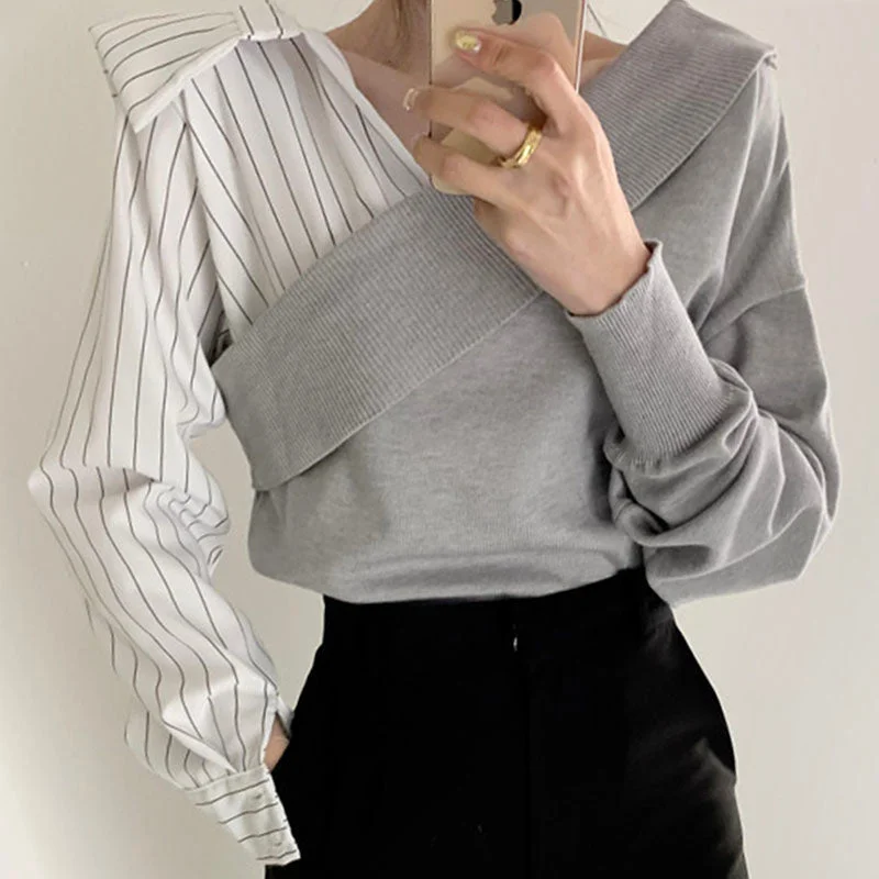 ABEBEY Women Spring Knitted Top Elegant Long Sleeve V-Neck Slim Striped Stitching Knit Blouses Vintage Casual Blusas Mujer