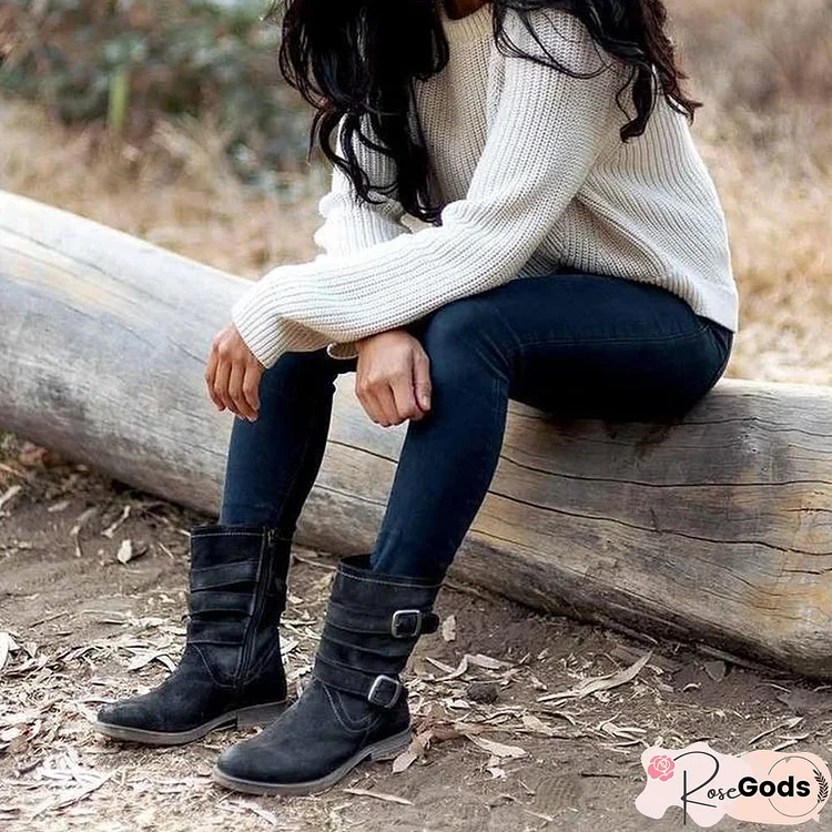 Mid-Calf Boots Zipper Adjustable Buckle Booties