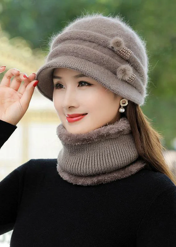 Fine Khaki Comfortable Scarf Hat Set Rabbit Hair Knit Warm Fleece