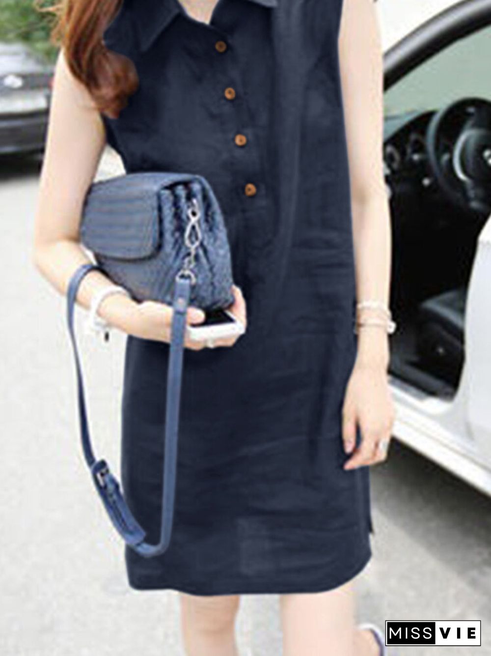 Solid Sleeveless Button Front Lapel Dress For Women