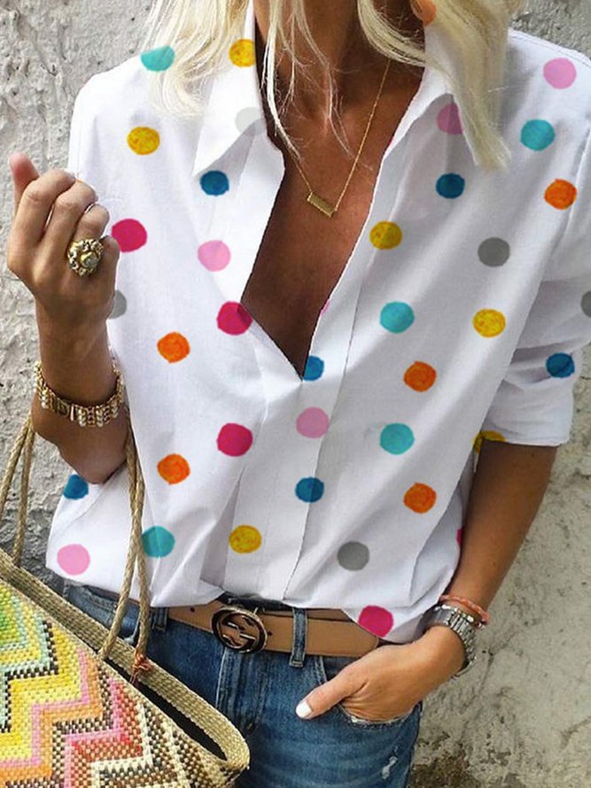 Long Sleeve Polka Dots Floral-Print Casual Shirts & Tops Zaesvini