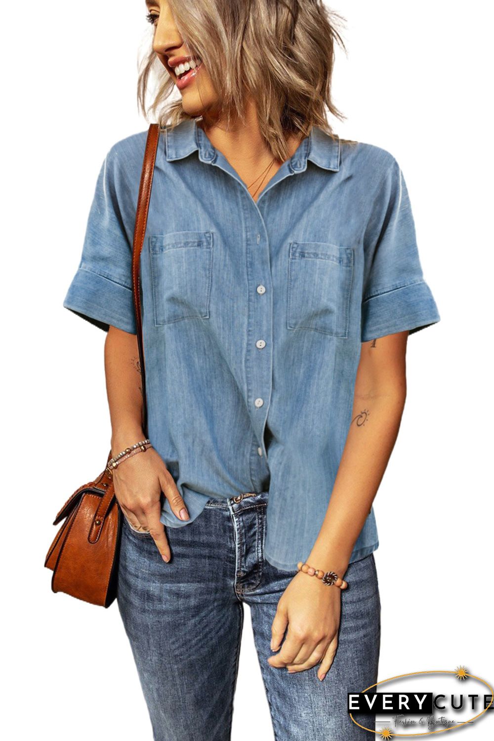 Light Blue Turn-down Collar Short Sleeve Denim Shirt