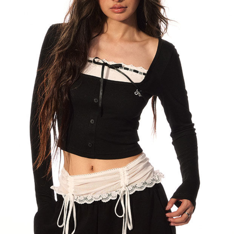 Wimawait Korean Style T-Shirts – Coquette Vacation Outfits for Women, Fake Two Pieces Crop Top  