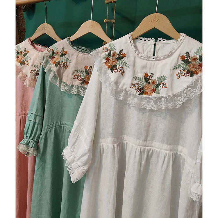Queenfunky cottagecore style Linen Embroidered Lace Trim Dress QueenFunky