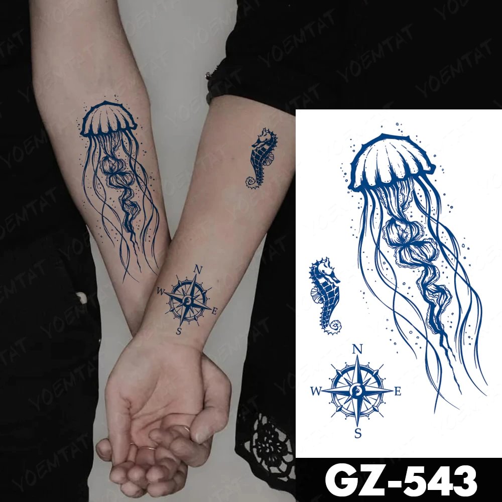 Gingf Herbal Waterproof Temporary Tattoo Sticker Juice Lasting Ink Semi-Permanent Jellyfish Compass Arm Body Art Fake Tatoo