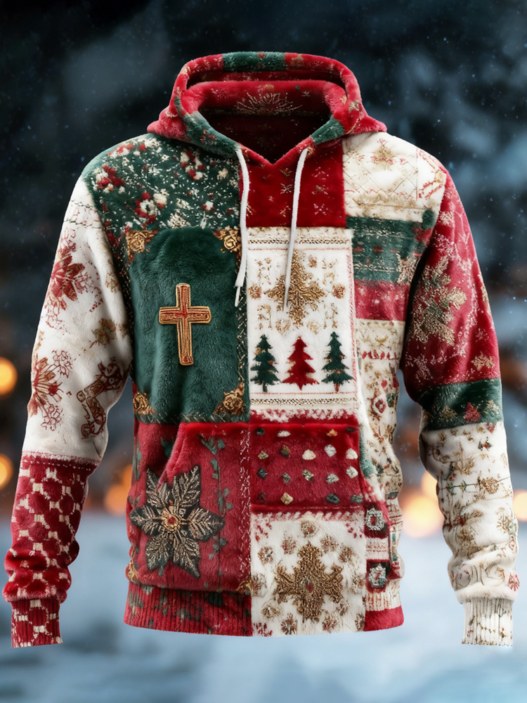 Christmas Tree & Cross Patchwork Design Men's Flannel Hooded Sweatshirt elevenforest