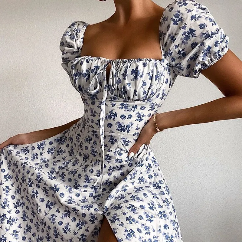 Floral Print Dress Women Party Long Dresses Puff Short Sleeve Elegant Summer Sexy Club Dress Sweet Laides Chic Maxi Dresses 2021