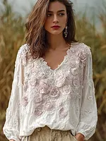 Bohemian Retro Countryside Style Plant Flower Design Women's Linen Long-sleeve Top