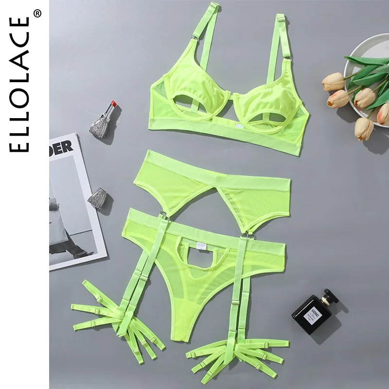 Ellolace Hollow Out Erotic Lingerie Apparel Underwear Set Solid Sexy Costume Bra 3 Piece Porn Sissy Intimate Sensual Sex Suit