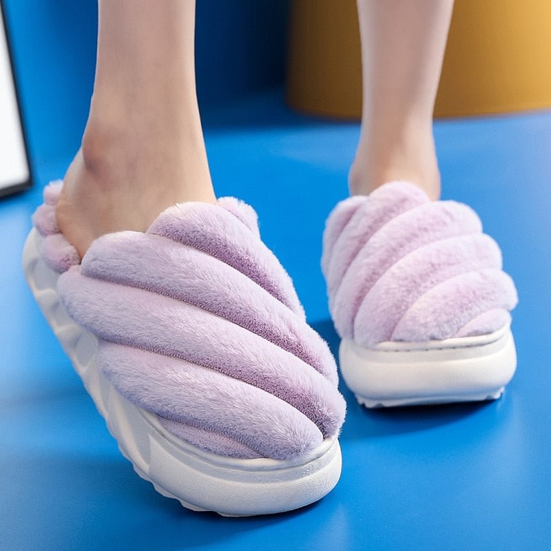 Purple Twist Stripe Furry Slipper For Women Plush Home Shoes Girls Pink Chunky Platform Winter Slippers Woman House Slides Shoes