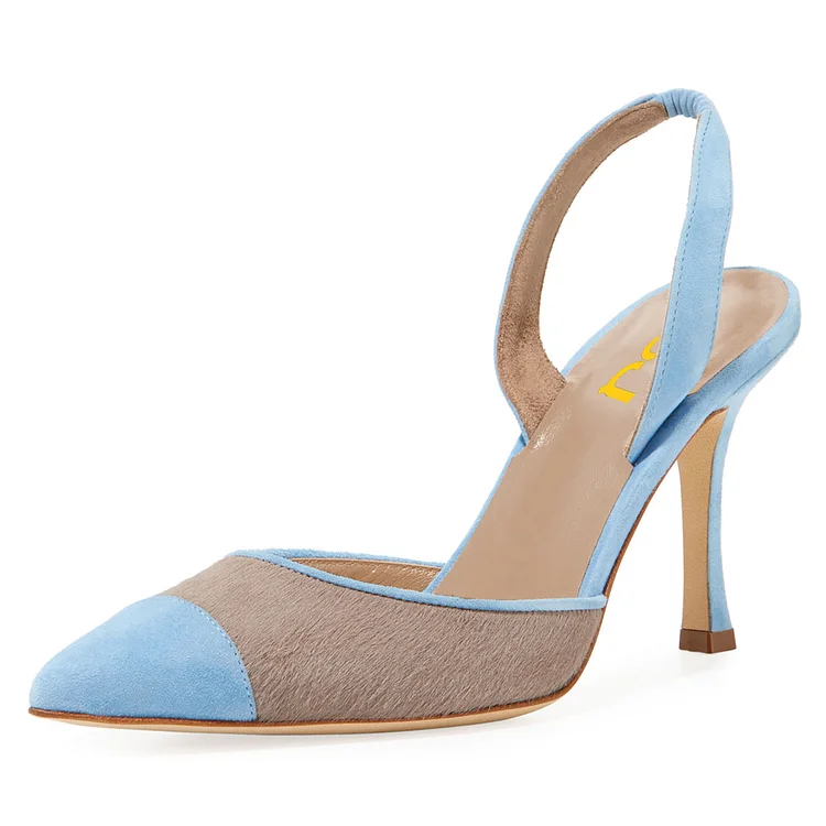 Blue and Khaki Pointy Toe Spool Heel Slingback Pumps |FSJ Shoes