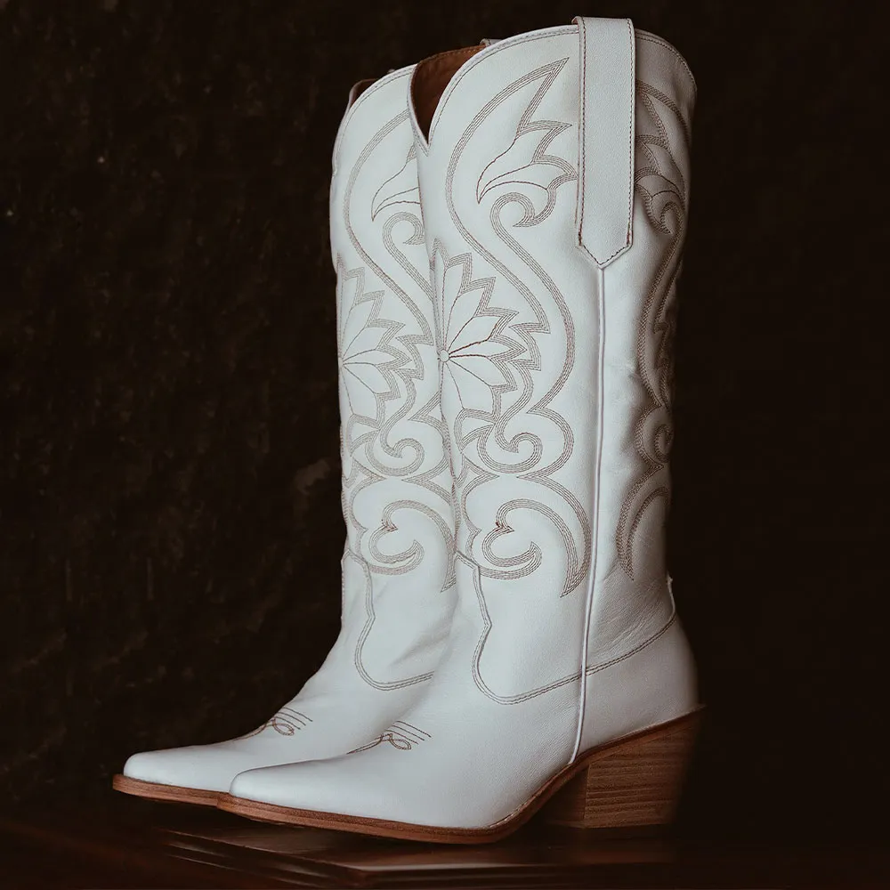 Women's Knee High Snip Toe Block Heel Embroidered White Cowgirl Boots