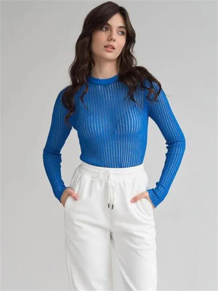 Oocharger Ribbed See-Through Knit Pullover Female Hollow Out Slim Solid Long Sleeve Top Sheer Casual Knitwear Ladies Pullover Summer
