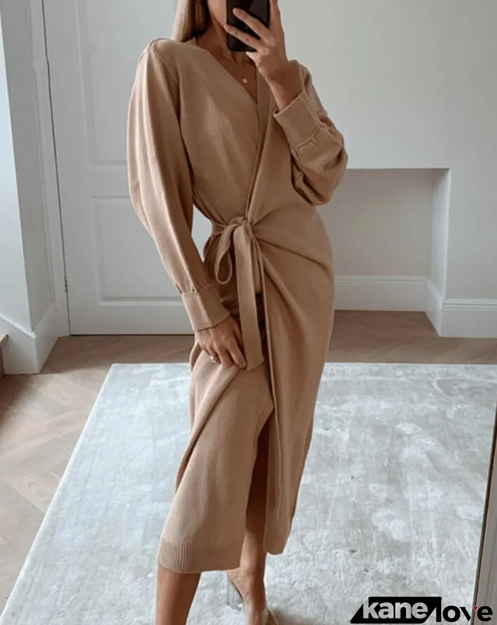 Western Elegant Solid Plain Knitted Wrapped Long Dress