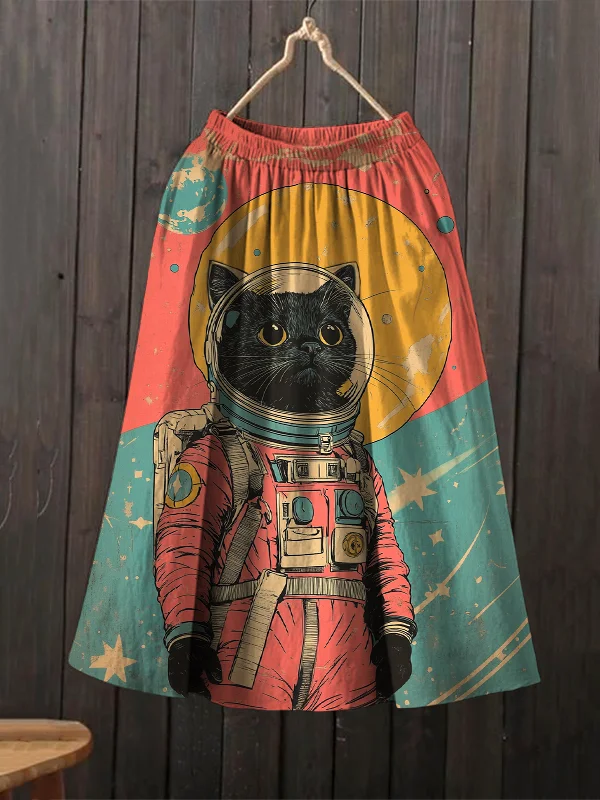 Women's Black Cat Astronaut Color Block Art Print Skirt​