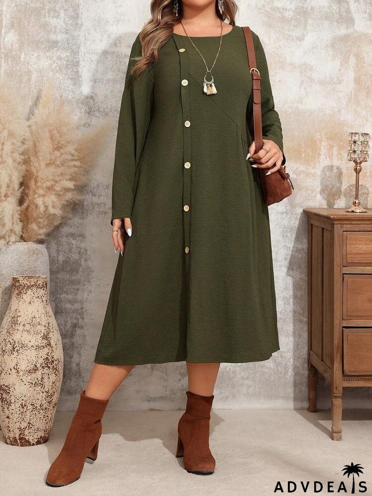 Plus Size Women's Spring & Summer Solid Color Round Neck Long Sleeve Single-Breasted Pocket Casual Loose Dress