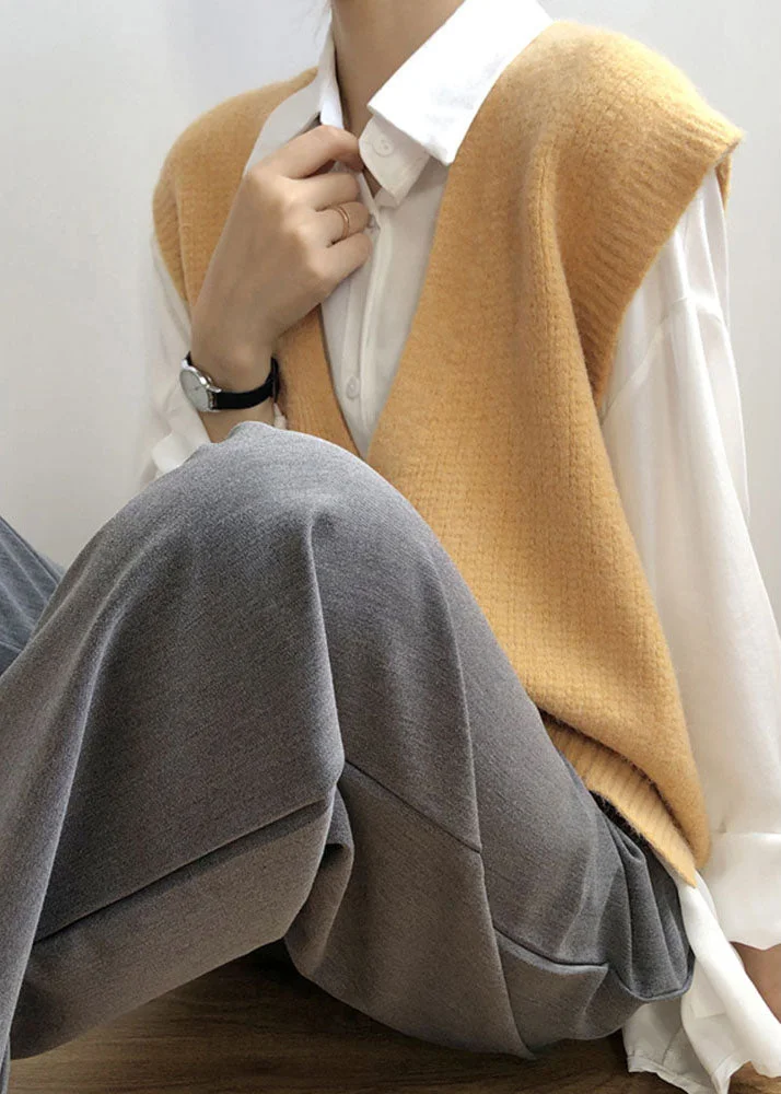 Handmade Yellow U Neck Low High Design Cozy Cotton Knit Waistcoat Sleeve