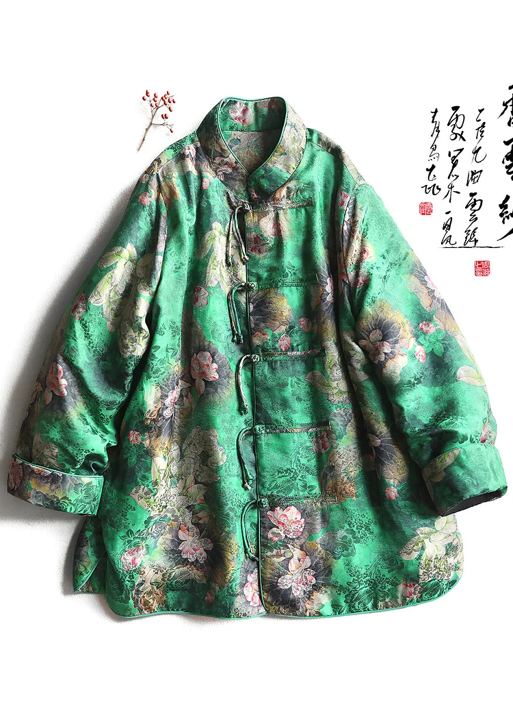 Chinese Style Green Print Chinese Button Fine Cotton Filled Puffer Jacket Winter
