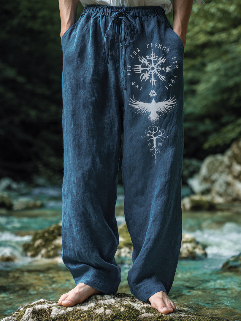 Men's Viking Yggdrasill Raven Totem Nordic Casual Linen Pants / Rvogue / Rvogue