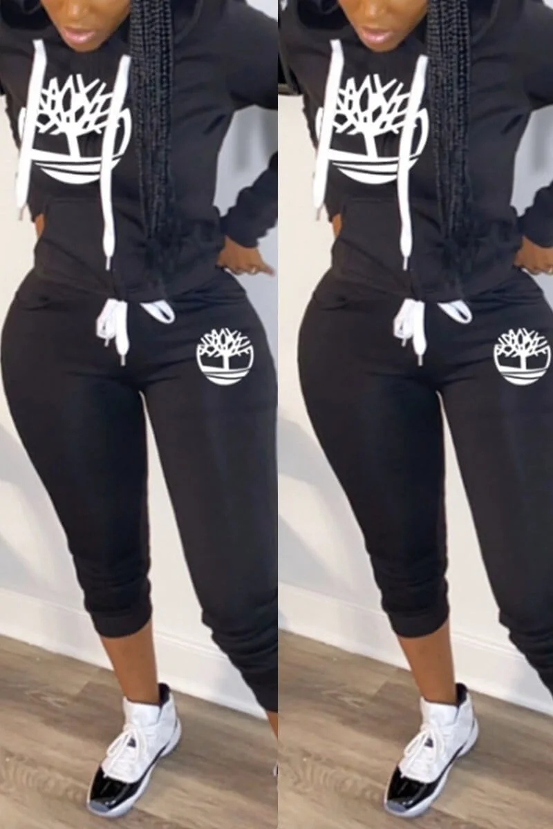 Casual Hooded Print Two Piece