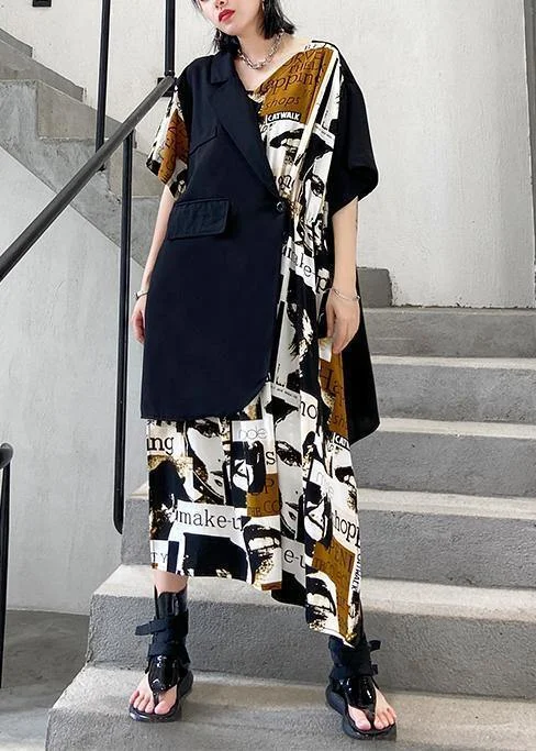 Classy black patchwork floral Cotton quilting dresses asymmetric short Dresses