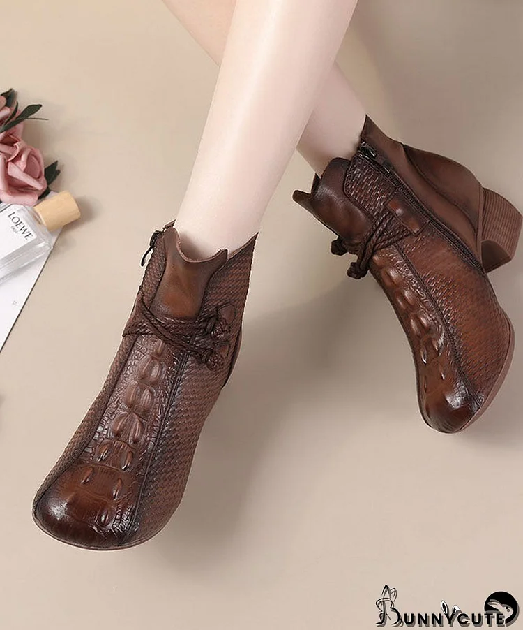 Brown Crocodile Pattern Boots Chunky Cowhide Leather Elegant Boots