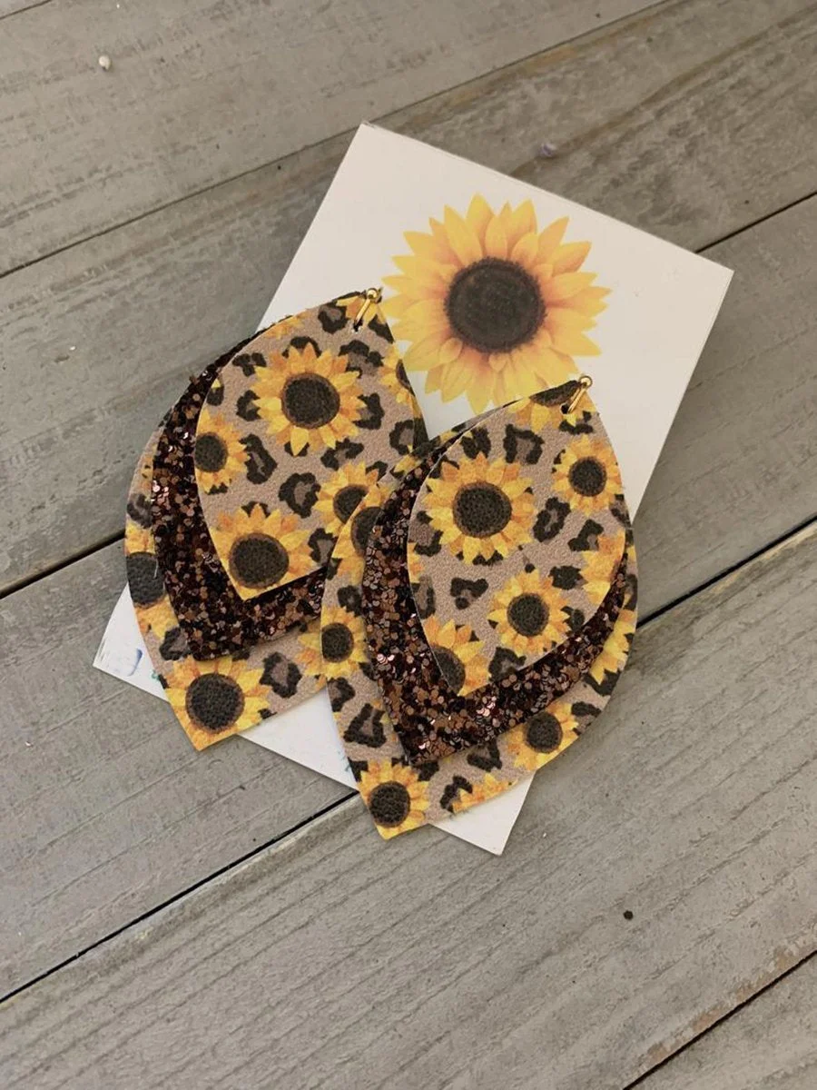 3 Layered Sunflower and Leopard/stripe Leather Earrings