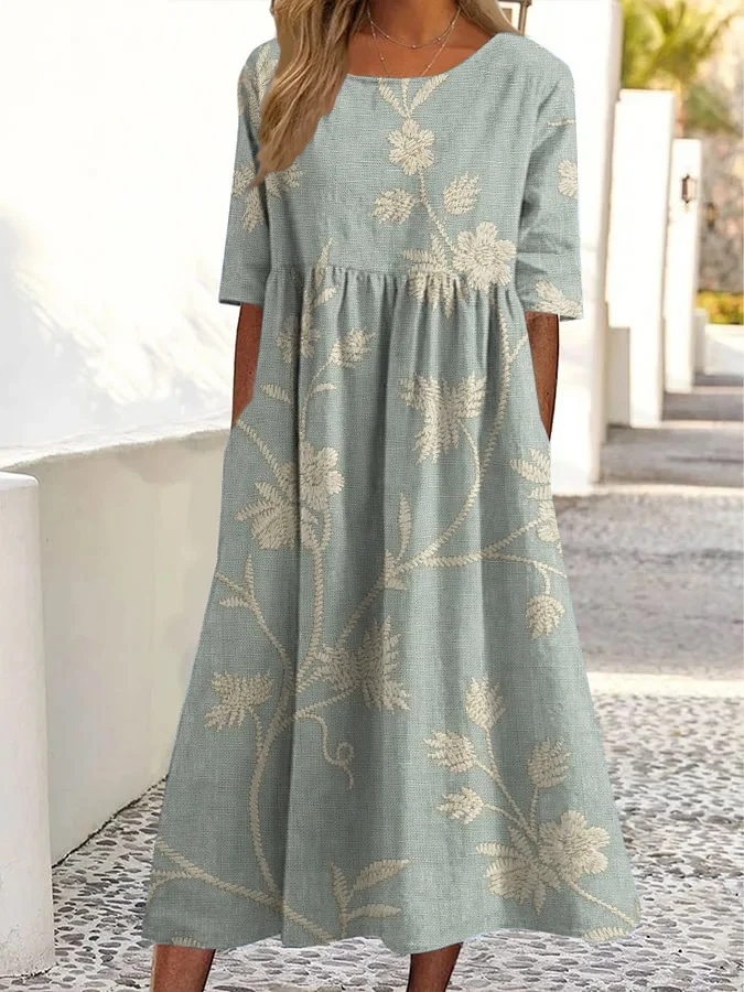 Vintage Floral Print Crewneck Pocket Midi Dress
