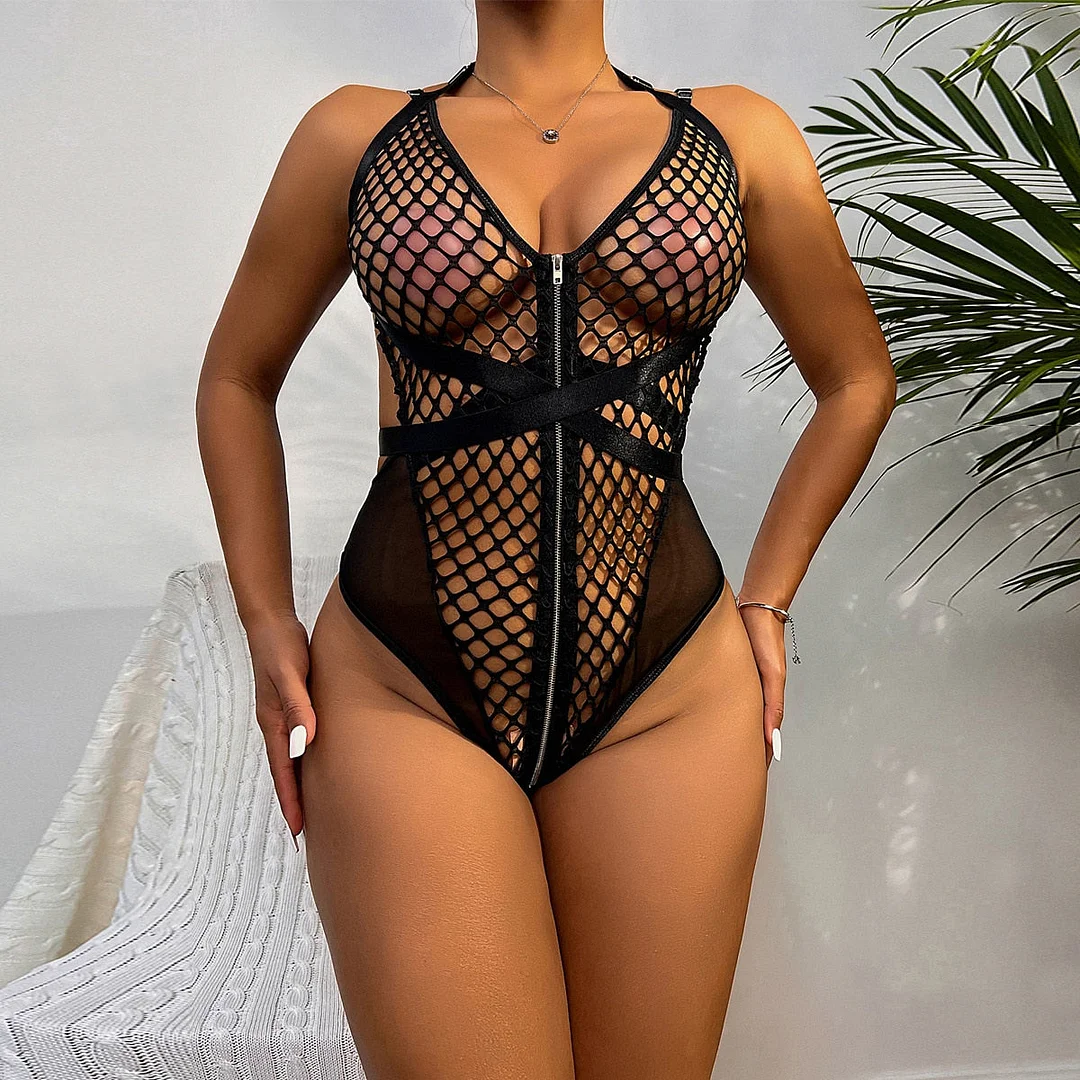 MIRABELE Mesh Erotic Lingerie Zipper Sexy Bodysuit Women Intimate Exotic Costumes Halter Porn Body See Through Sissy Sex Clothes