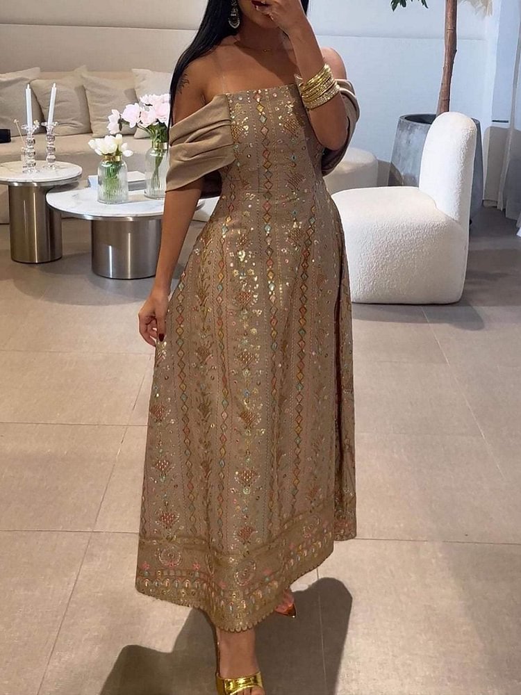 Gold Print One-shoulder Elegant Dress
