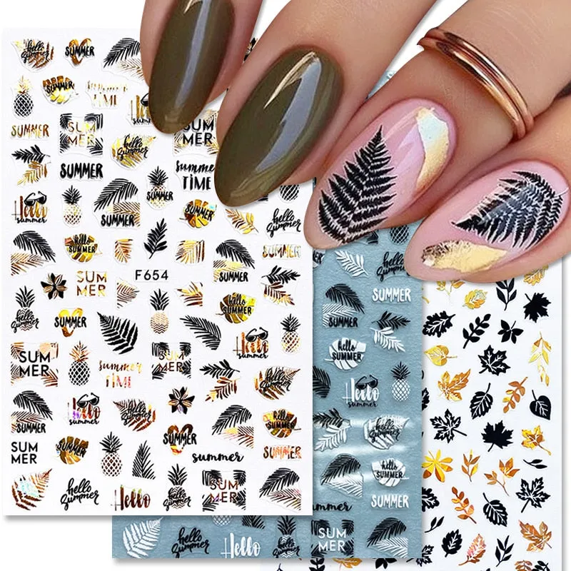 1pcs Black Gold Autumn Leaf 3D Nail Sticker Coconut Tree Leaf Pattern Adhesive Transfer Sticker Shiny DIY Nail Decoration