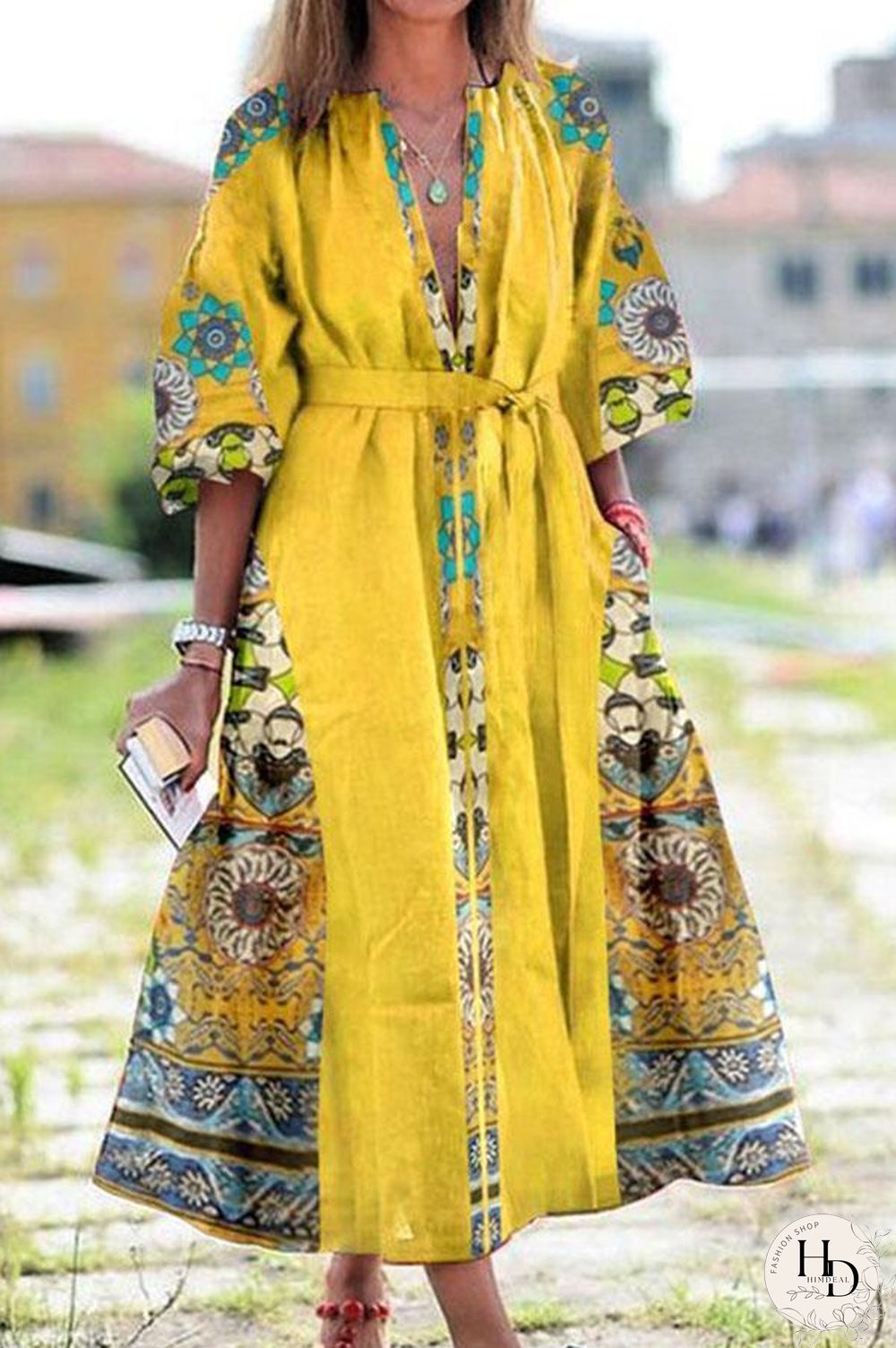 Ethnic Print Loose Mid-Sleeve Dress P11439