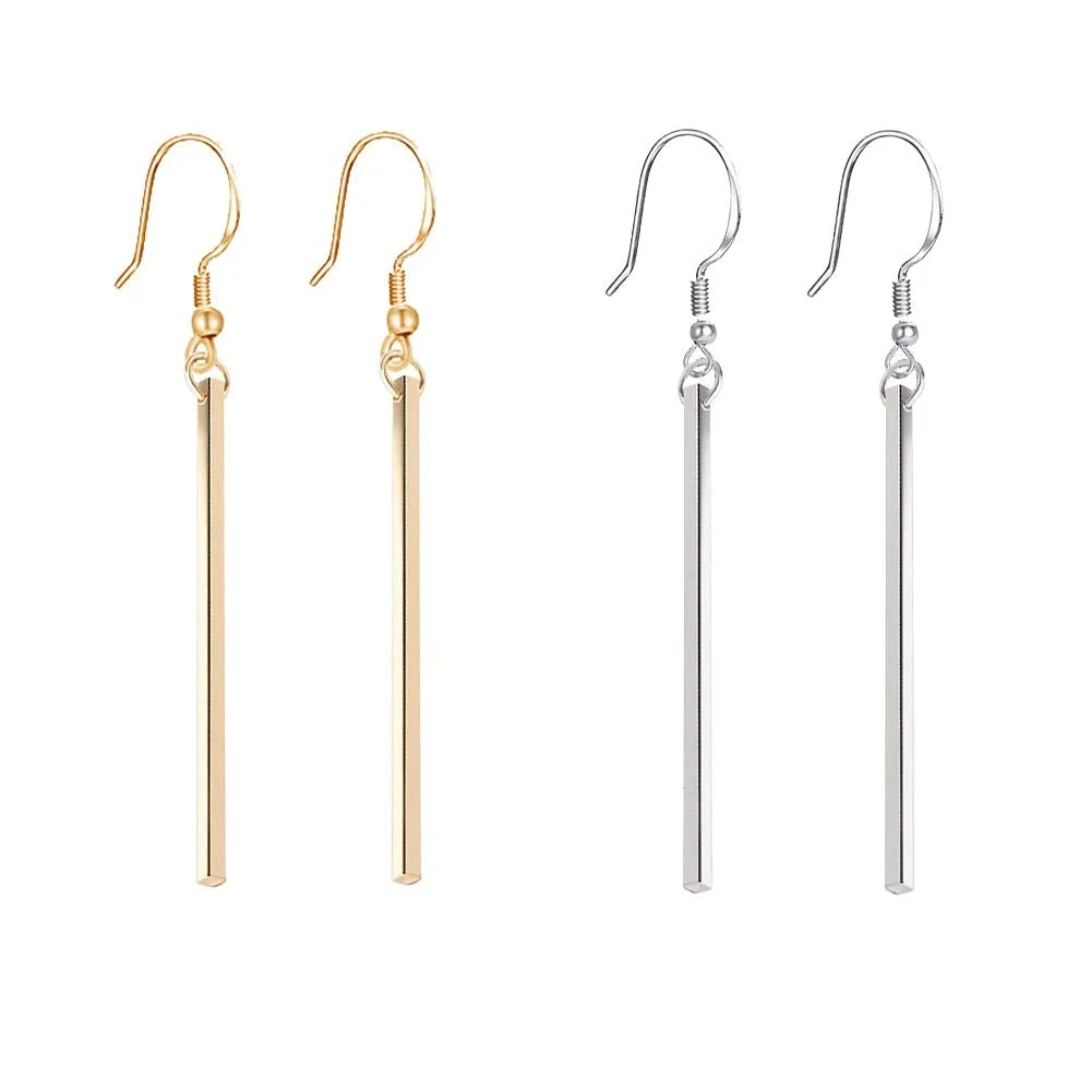 Vertical Bar Pendant Necklace Earrings - Simple Long lariat Chain Minimalist Dangle Earrings