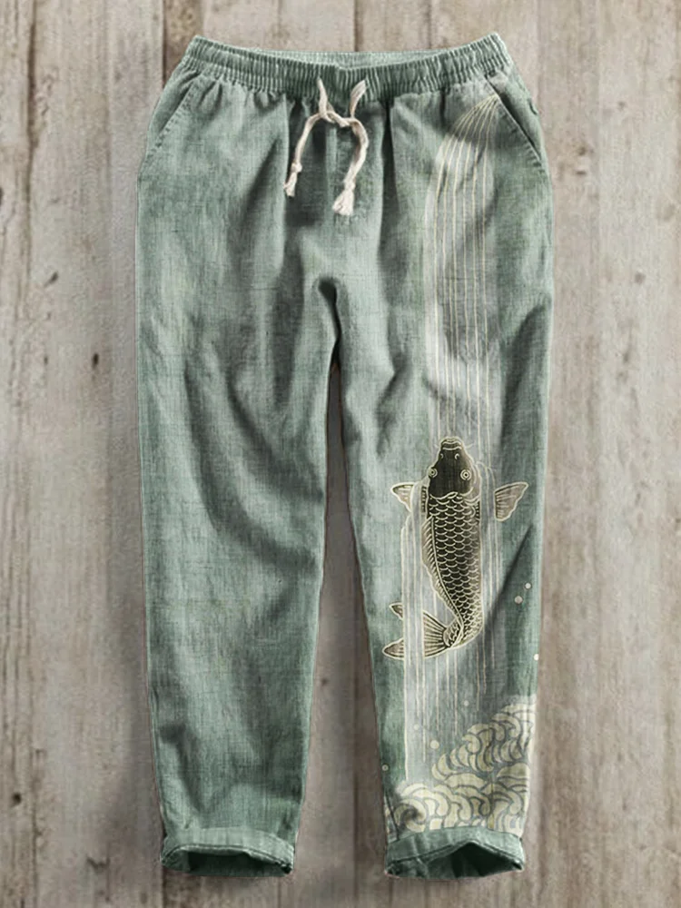 Upstream Carp Japanese Art Linen Blend Casual Pants