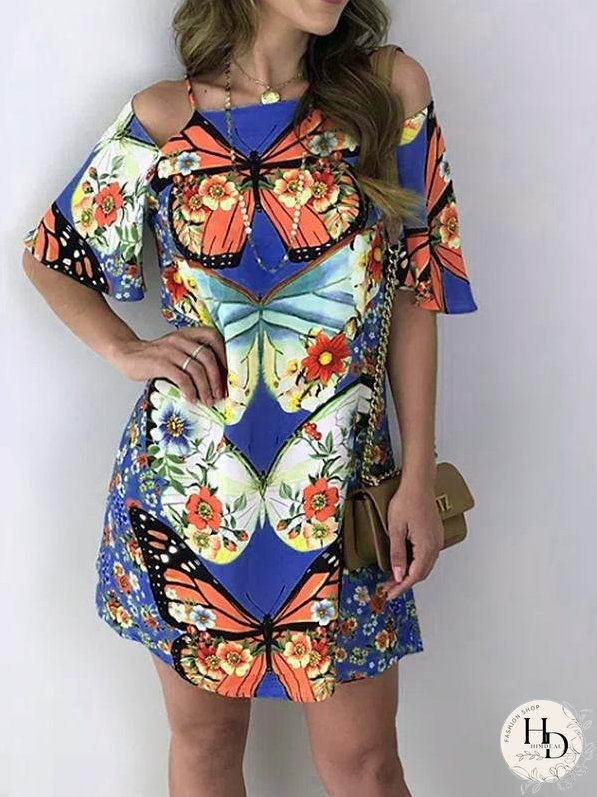Butterfly Print Cutout Short Sleeve Dress for Women