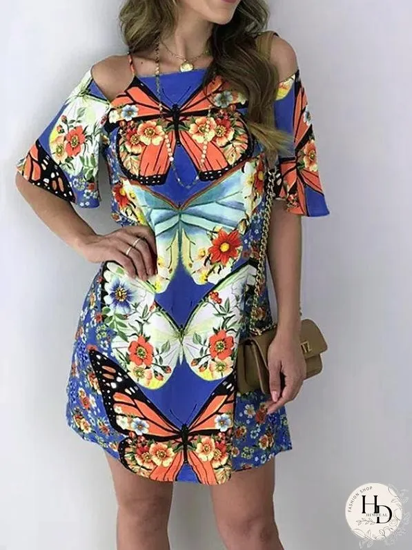 Butterfly Print Cutout Short Sleeve Dress for Women