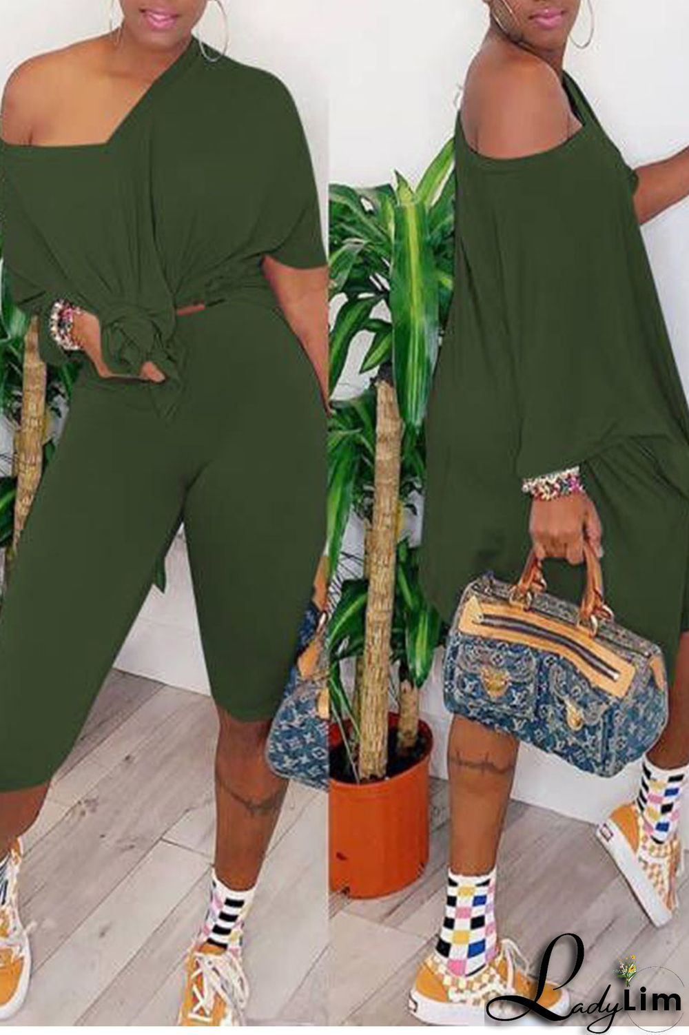 Grey Casual Solid Split Joint V Neck Short Sleeve Two Pieces