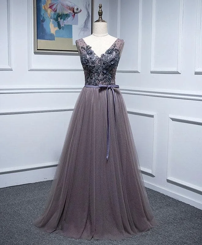 Elegant V Neck Tulle Lace Long Prom Dress, Lace Evening Dress