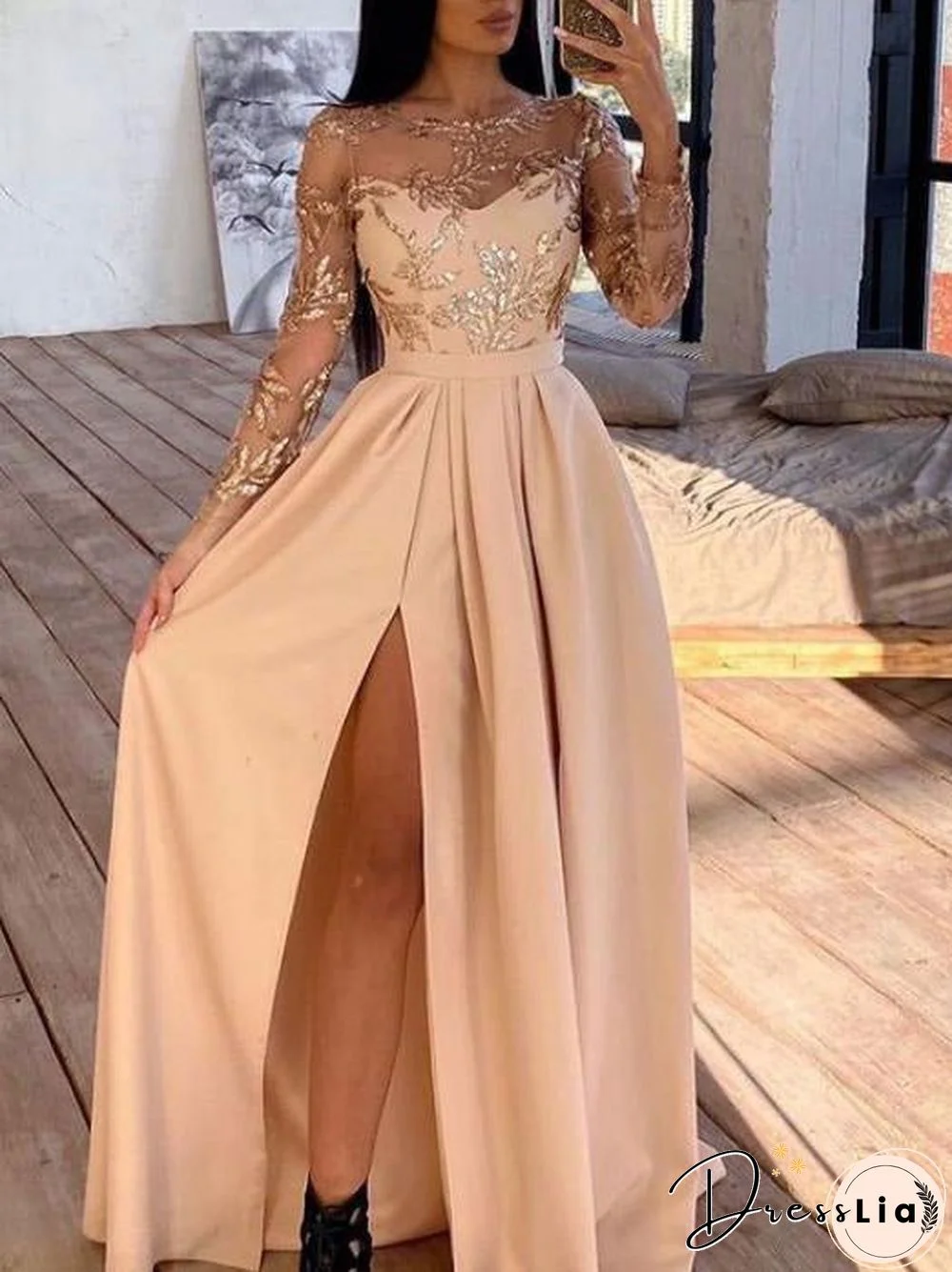 Women'S Dresses Bronzed Sequin Long Sleeve Slit Dress