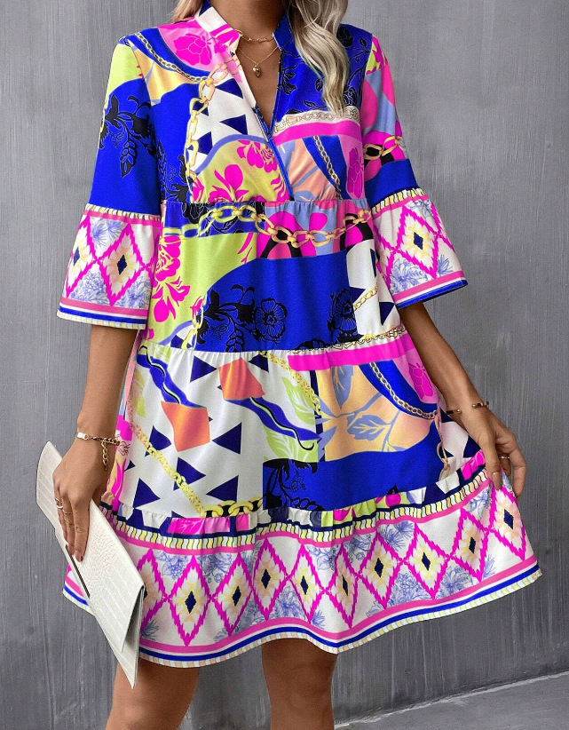 Mature Women Summer Pleated Sleeve Printed Fit And Flare Sleeve Ruffled Hem Dress