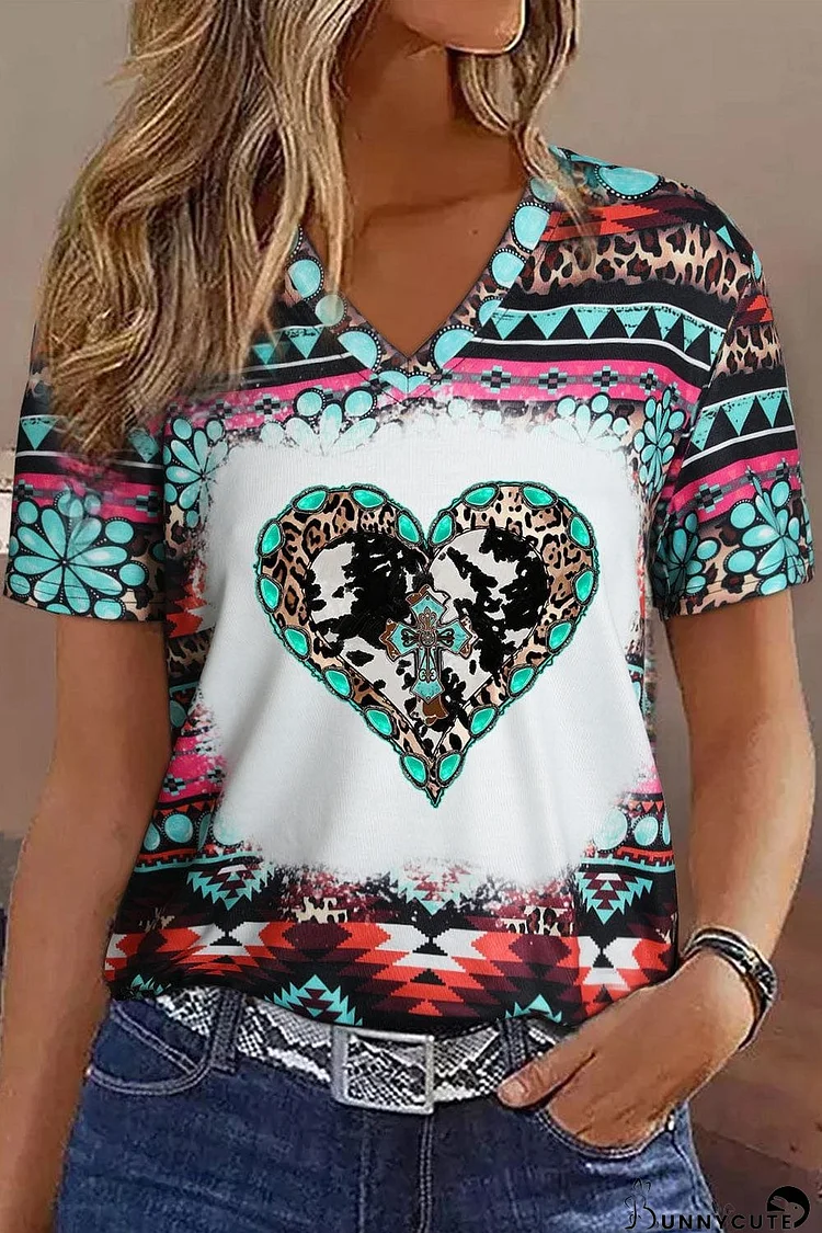 Short Sleeve V-Neck Tee with Native American Pattern