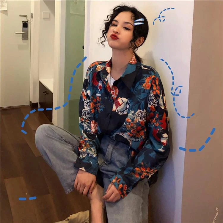 Blouses Shirts Women Long Sleeve Print Ulzzang Cat Turn-down Collar Students Designed Womens Korean Style with Buttons Chiffon