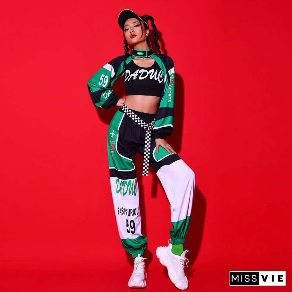 Letter Print Crop Top Shorts Mini Skirt Pants Colorblock Three Pieces Set