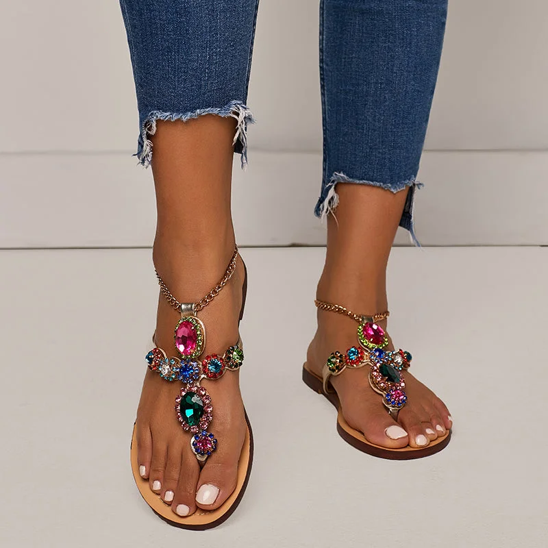 Women Sandals Rhinestones Chains Bling Beach Shoes Gladiator Sandal Women Flats Crystal Plus Size 46