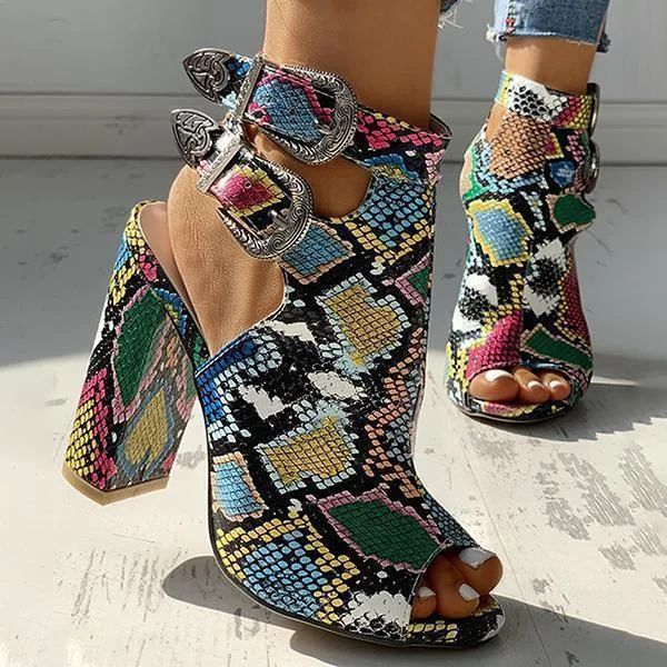 HUXM Snakeskin Ankle Buckled Chunky Heels