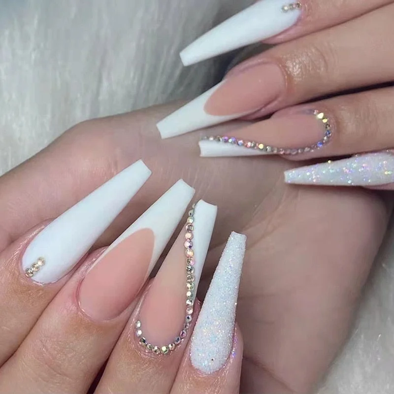 White French Fake Nails Press on Long XL Length Rhinestone Design Z156