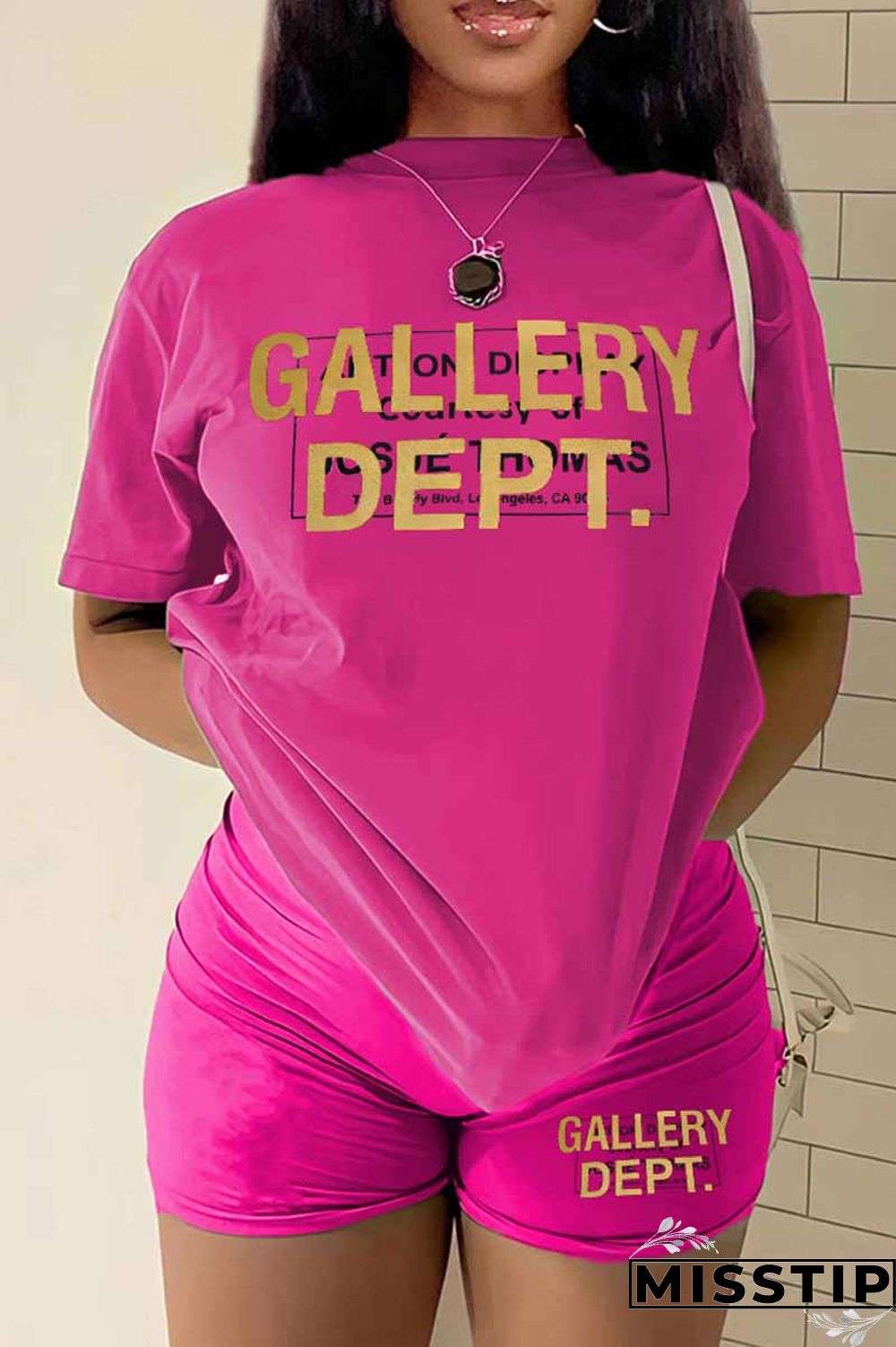 Rose Red Casual Print Letter O Neck Short Sleeve Two Pieces