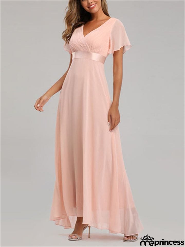New Elegant V-Neck Ruffles Chiffon Formal Evening Gown Maxi Dresses