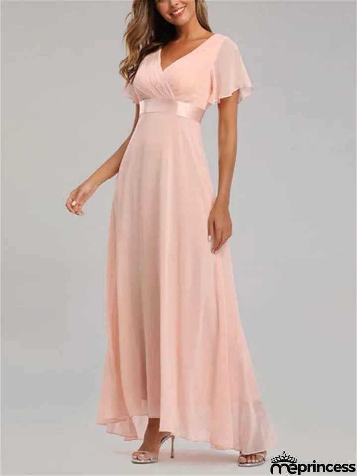 New Elegant V-Neck Ruffles Chiffon Formal Evening Gown Maxi Dresses
