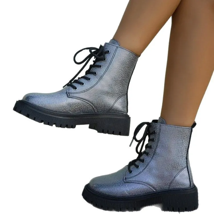 Breakj Breakj New Martin Boots Women's British Wind Thick Back Lace Mid-Sleesize Boots Women's Shoes Large Size Martin Boots